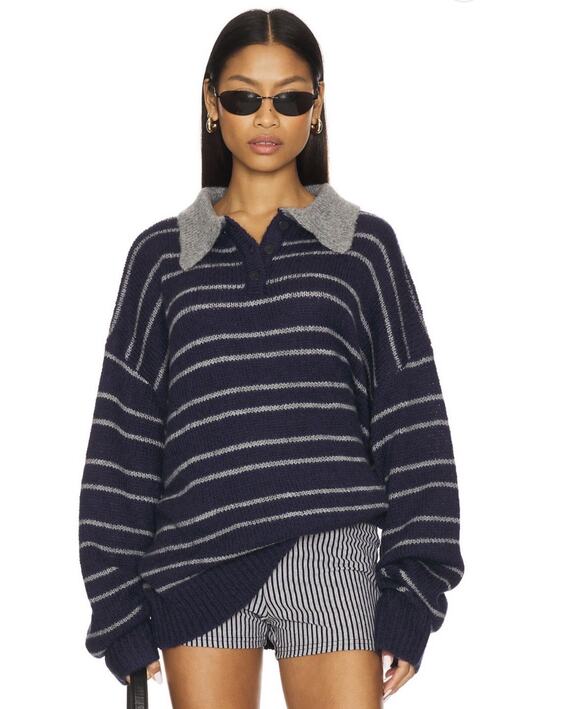 Lioness Sweaters - Lioness Rising Sun Jersey Stripe Polo Sweater Navy Gray Women’s S-M NWT